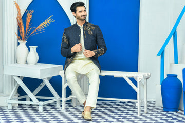 Sea-Green Color Floral Embroidered Prince Coat For Men